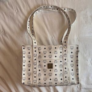 MCM Vintage Visetos Tote Shoulder Cross Shopper Mom Bag White Navy Leather Gold